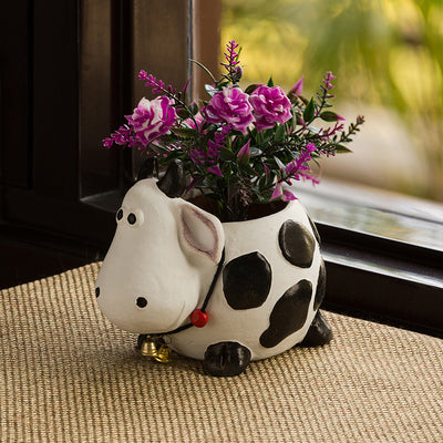 'Planting Moo' Handmade & Hand-painted Planter Pot In Terracotta (6 Inch)