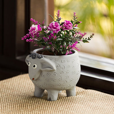 'Cheerful Sheep' Handmade & Hand-painted Planter Pot In Terracotta (6 Inch)