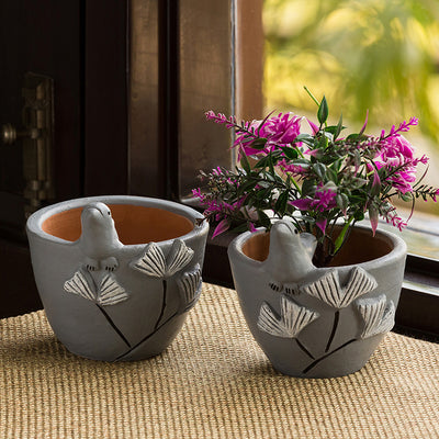Blooming Birdies' Handmade & Hand-painted Planter Pots In Terracotta (4.5 Inch | Set of 2)