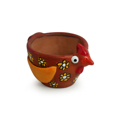 'Pecking Hen' Handmade & Hand-painted Planter Pot In Terracotta (4 Inch)