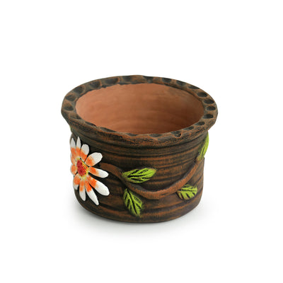 Mud Blossom Pair' Handmade & Hand-painted Planter Pots In Terracotta (4 Inch | Set of 2)