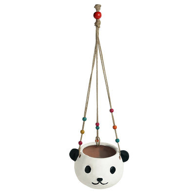 'Swinging Panda' Handmade & Hand-painted Hanging Planter Pot In Terracotta (5.5 Inch)