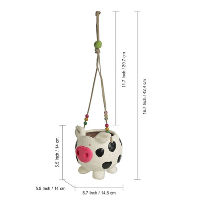 'Aerial Piggy' Handmade & Hand-painted Hanging Planter Pot In Terracotta (5.5 Inch)