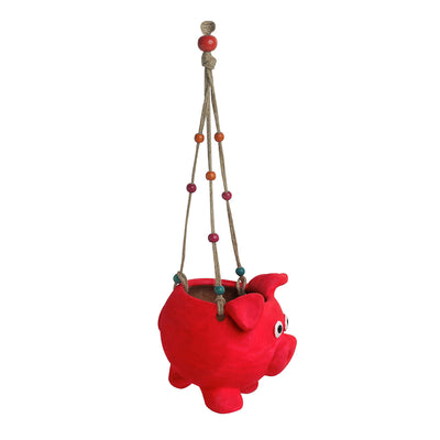 'Swinging Pig' Handmade & Hand-painted Hanging Planter Pot In Terracotta (5.5 Inch)