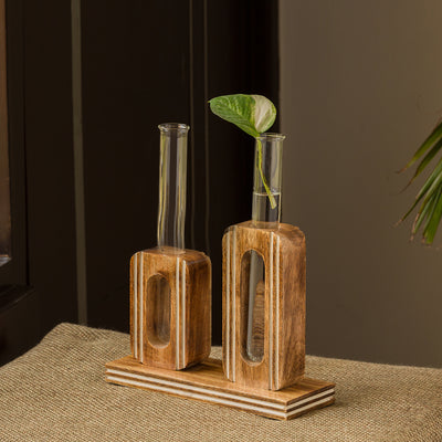 'Blooming Glass Upright Cuboids' Handcrafted Planter Tubes With Wooden Holder (13 Inch)