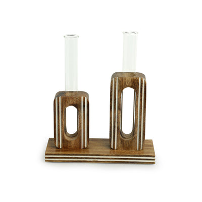 'Blooming Glass Upright Cuboids' Handcrafted Planter Tubes With Wooden Holder (13 Inch)