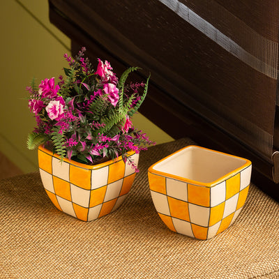 'Shatranj Checkered' Handpainted Planter Pots In Ceramic (Set of 2)
