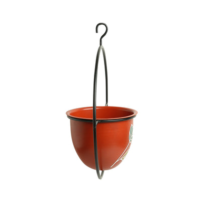 'Shades of a Leaf' Hand-Painted Hanging Planter Pot With Holder In Iron