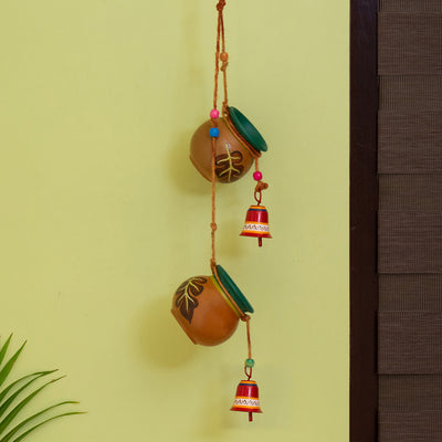 'Shades of a Leaf' Hand-Painted Decorative Hanging Bird Feeder In Terracotta & Metal