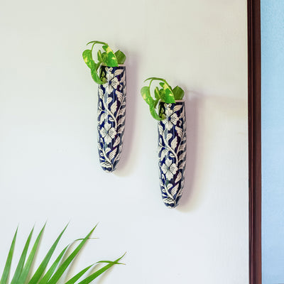 'Midnight Bloom' Hand-painted Wall Planter Pots In Ceramic (Set of 2)