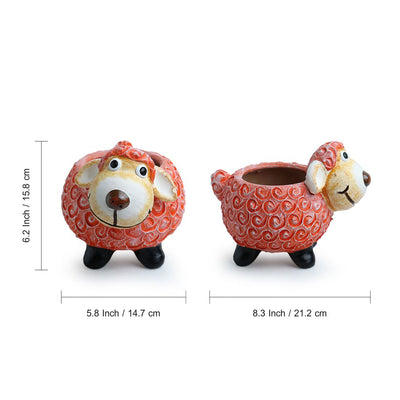 'Cheerful Sheep' Handmade & Hand Painted Planter Pot In Terracotta (8 Inches)