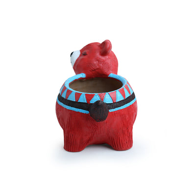 'Blissful Bear' Handmade & Hand Painted Planter Pot In Terracotta (8 Inches)