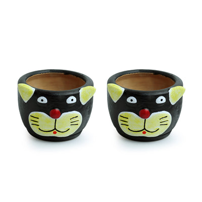 Meek Meow' Handmade & Hand Painted Planter Pot In Terracotta (Set of 2 | 5 Inches)