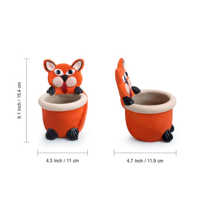 'Fiesty Fox' Handmade & Hand Painted Planter Pot In Terracotta (4 Inches)