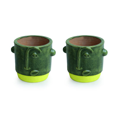 Abstract Faces' Handmade & Hand Painted Planter Pot In Terracotta (Set of 2 | 5 Inches)