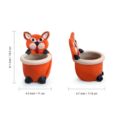 Fiesty Fox' Handmade & Hand Painted Planter Pot In Terracotta (Set of 2 | 4 Inches)