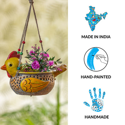 'Happy Hen' Handmade & Hand Painted Hanging Planter Pot In Terracotta (9 Inches)