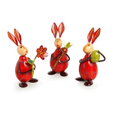 Bustling Bunnies' Handpainted Garden Decorative Showpieces In Iron (Set of 3 | 6 Inch)