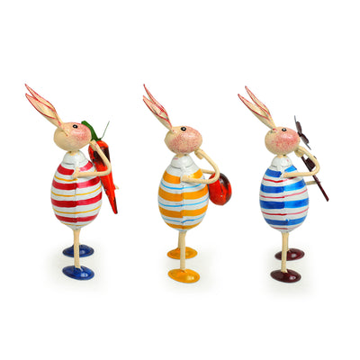 The Rabbit Trio' Handpainted Garden Decorative Showpieces In Iron (Set of 3 | 7 Inch)