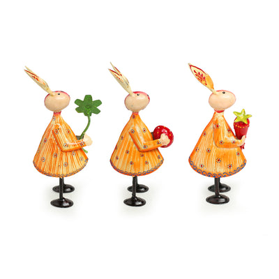 Rabbit Buddies' Handpainted Garden Decorative Showpieces In Iron (Set of 3 | 8 Inch)