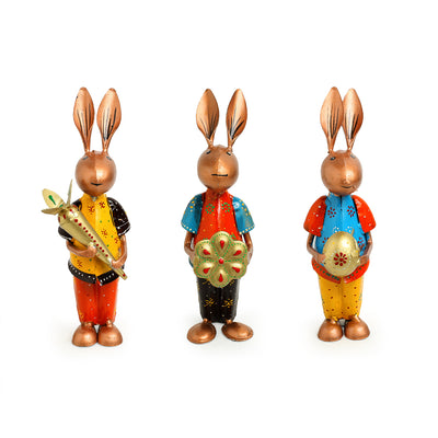 Rabbit Rumbles' Handpainted Garden Decorative Showpieces In Iron (Set of 3 | 8 Inch)