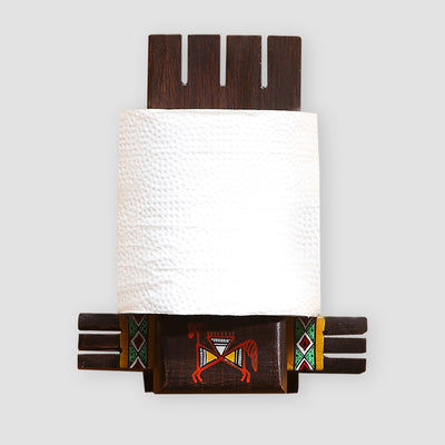 'Vibrantly Warli' Cross Joint Hand-Painted Tissue Roll Holder In Teak Wood