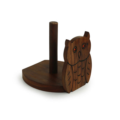 'Owl On A Roll' Toilet Roll Holder With Hand Carved Owl Motif In Sheesham Wood