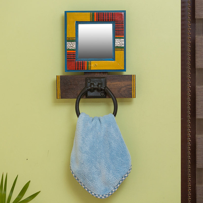 Warli Hand-painted Towel Holder & Mirror In Pine Wood