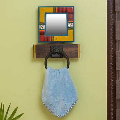 Warli Mirror' Hand-Painted Towel Ring Holder In Iron & Pine Wood