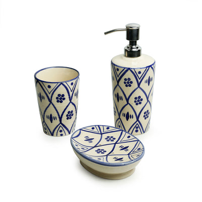 'Moroccan Floral' Hand-painted Studio Pottery Bathroom Accessory Set In Ceramic (Set of 3)