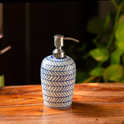'Indigo Chevron' Hand-painted Ceramic Lotion/Liquid Soap Dispenser (480 ML)