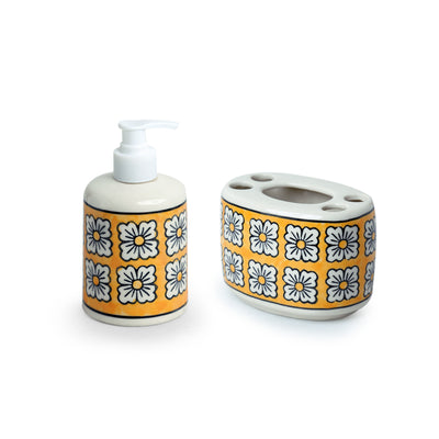 Honey Marigold' Hand-painted Bathroom Accessory Set In Ceramic (Liquid Soap Dispenser | Toothbrush Holder)