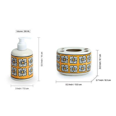 Honey Marigold' Hand-painted Bathroom Accessory Set In Ceramic (Liquid Soap Dispenser | Toothbrush Holder)
