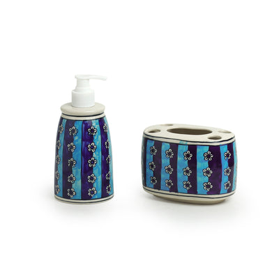 'Magical Magnolia' Hand-Painted Bathroom Accessory Set In Ceramic (Liquid Soap Dispenser, Toothbrush Holder)