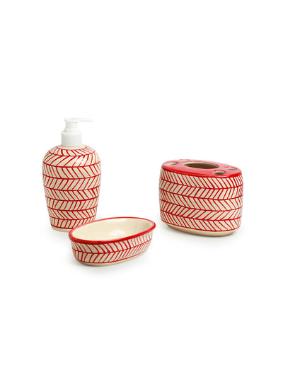 'Red Chevrons' Handpainted Ceramic Bathroom Accessory Set (Set Of 3)