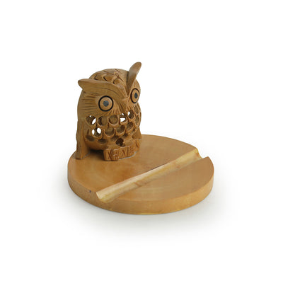 'The Standing Owl' Hand Carved & Hand Painted Mobile Stand Cum Showpiece In Cedar Wood