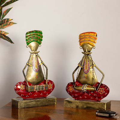 Rajasthani Folk Artists' Hand-painted Decorative Showpieces (11 Inch | Set of 2 | Iron)