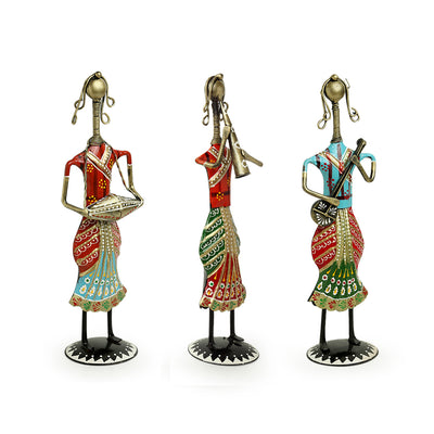 Rajasthani Tribal Lady Musicians' Hand-painted Decorative Showpieces (12 Inch | Set of 3 | Iron)