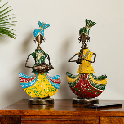 Folk Musicians' Handpainted Decorative Showpieces (Set of 2 | Iron | 13 Inch)