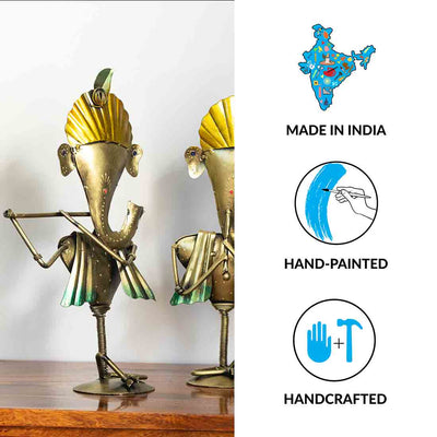 'Twin Ganpatis' Handpainted Decorative Showpiece In Iron (13.5 Inches)