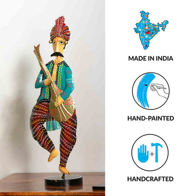 'Rajasthani Sitar Musician' Handpainted Decorative Showpiece In Iron (17.6 Inches)