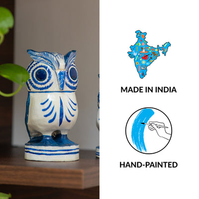 'The Wise Owl Pair' Hand-Painted Showpiece In Wood (Set of 2)