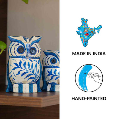 'The Calm Owl Pair' Hand-Painted Showpiece In Wood (Set of 2)