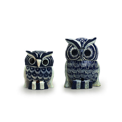 'The Resting Owl Pair' Hand-Painted Showpiece In Wood (Set of 2)