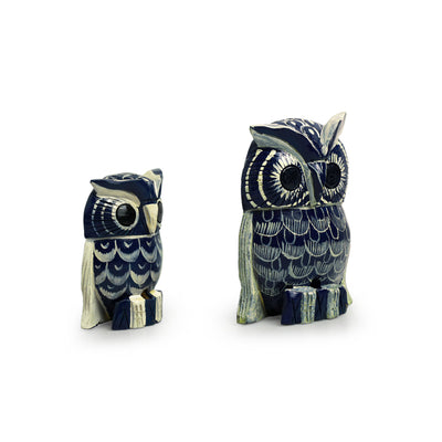 'The Resting Owl Pair' Hand-Painted Showpiece In Wood (Set of 2)