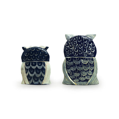 'The Resting Owl Pair' Hand-Painted Showpiece In Wood (Set of 2)