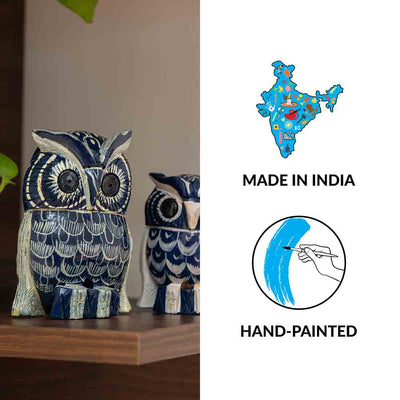 'The Resting Owl Pair' Hand-Painted Showpiece In Wood (Set of 2)