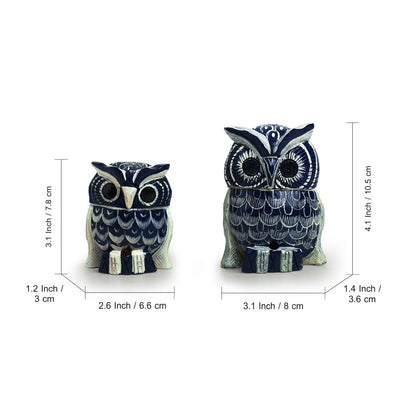 'The Resting Owl Pair' Hand-Painted Showpiece In Wood (Set of 2)