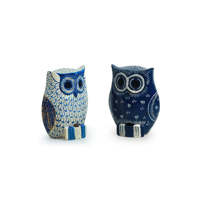 'The Serene Owl Pair' Hand-Painted Showpiece In Wood (Set of 2)