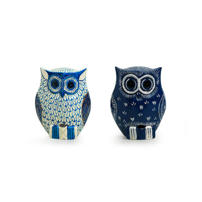 'The Serene Owl Pair' Hand-Painted Showpiece In Wood (Set of 2)